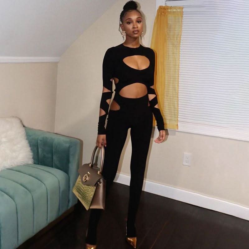 Hollow out navel long-sleeved slim jumpsuit - Detail