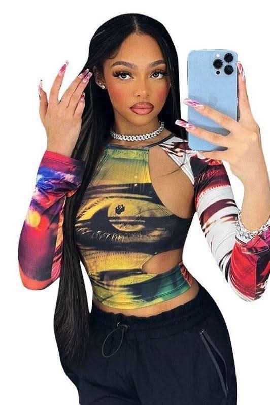 American print navel-cut long-sleeved T-shirt - Image 7