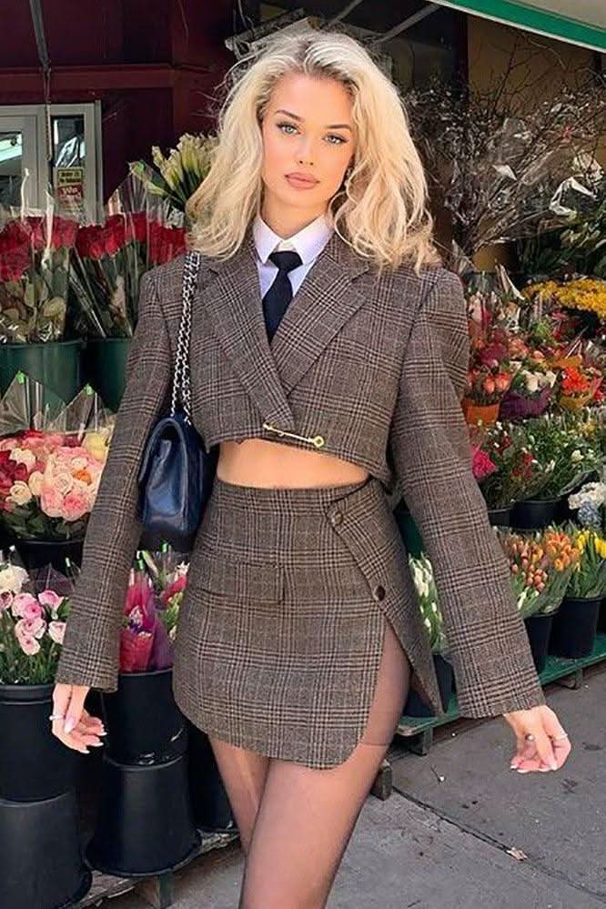 Jacket slit bag hip skirt plaid suit - Front View