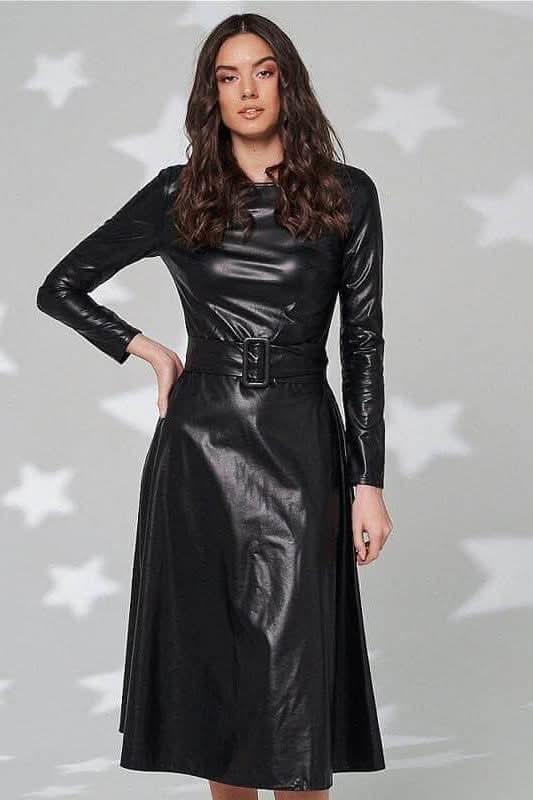 Simple round neck slim PU leather belt dress - Front View
