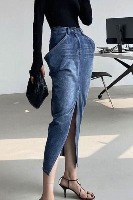 Street Style Long Inverted Triangle Denim Skirt - Front View