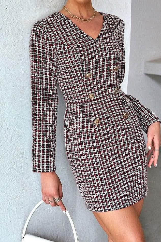 Double-breasted slim waist short dress - Detail