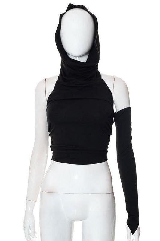 Cropped backless single-sleeve hooded slim top - Image 7