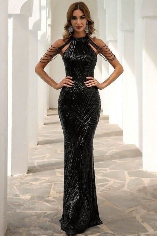 Tassel sequin host fishtail long slim dress - Front View
