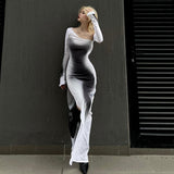 Street Style printed long-sleeved slit dress