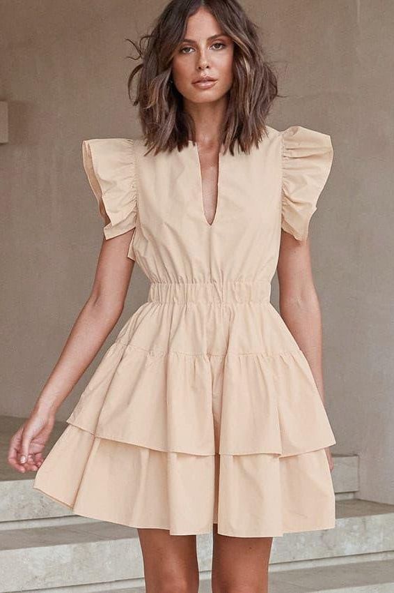 Hollow cake skirt U-neck lotus leaf sleeves cotton dress.