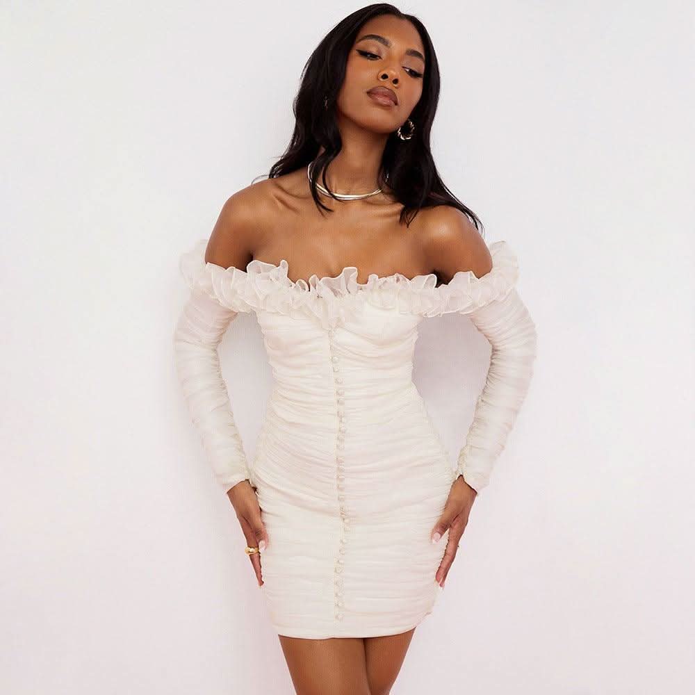 Long sleeved one shoulder tube top chiffon dress - Front View