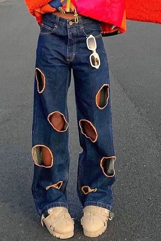 Casual low waist bag hip hole straight jeans - Side View