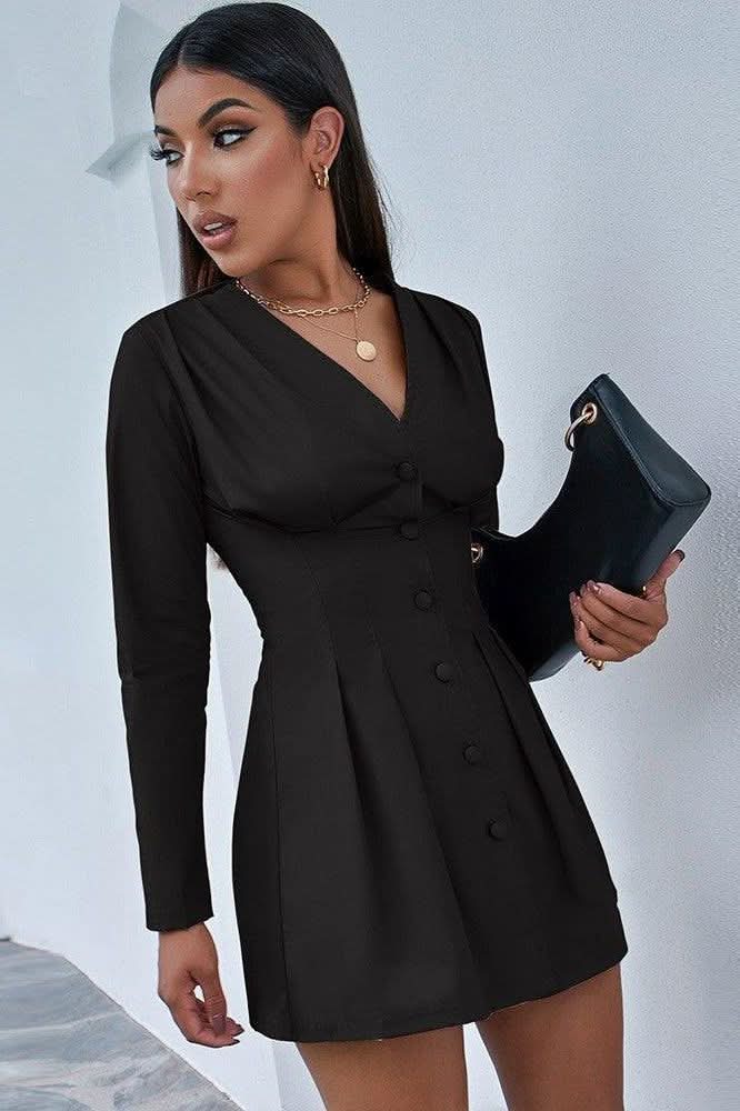 V-neck fold waist button shirt dress - Image 4