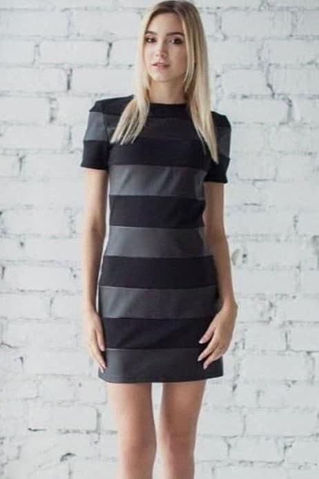 PU leather stitching stripes slim dress - Front View