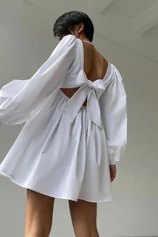 White square neck cute wind short dress - Side View