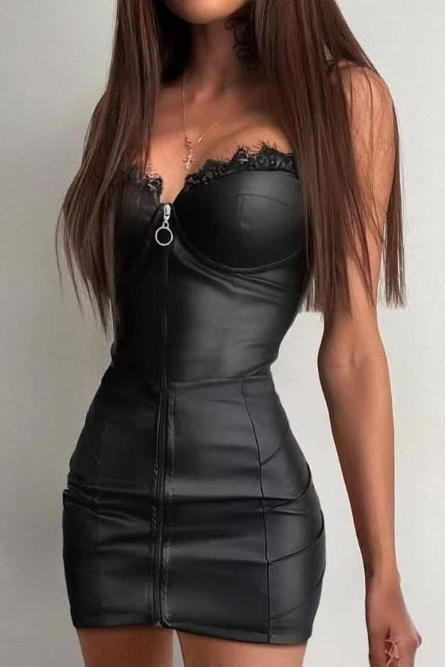 Lace Stitching Tight Leather Dress - Unique Elegance The Woman Concept Lace Stitching Tight Leather Dress - Unique Elegance The Woman Concept