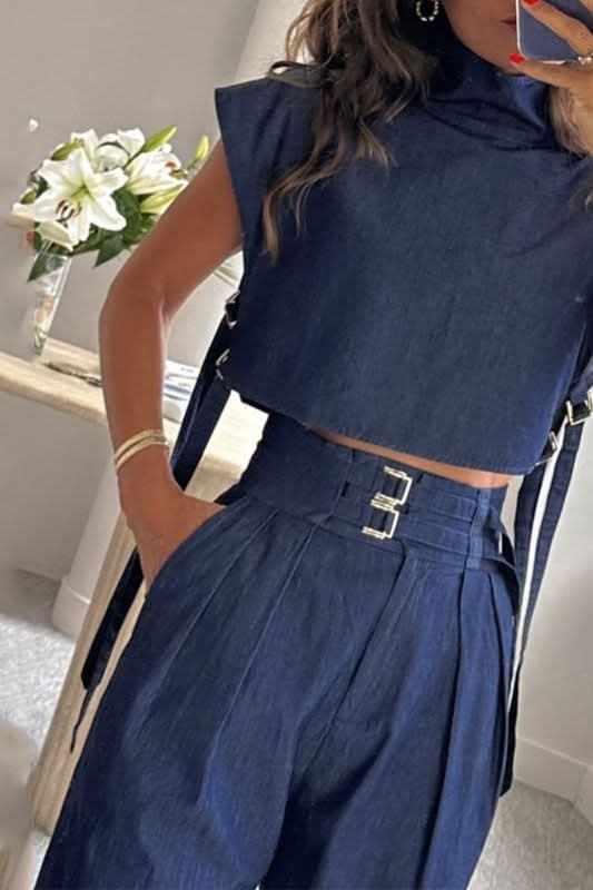 Casual Belt Decorative High-neck Short-Sleeved Suit - Side View