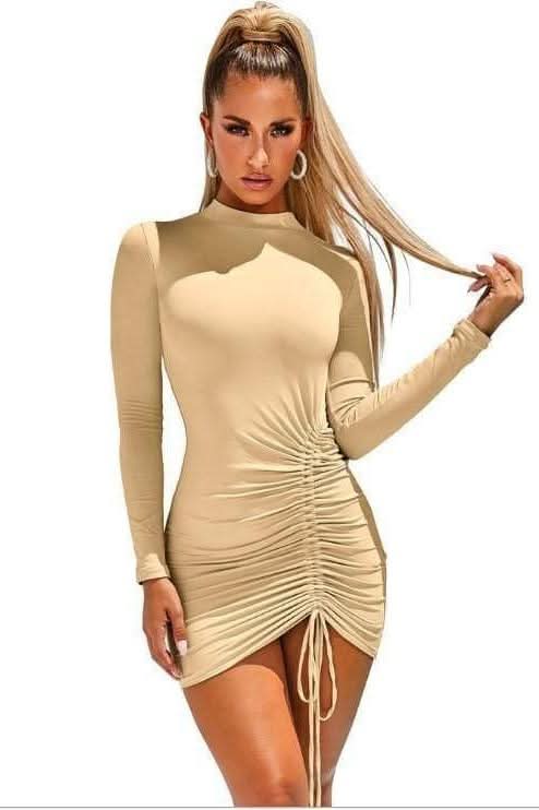 Apricot round neck long sleeve slim dress - Image 4