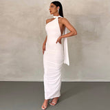 Sleeveless fitted pleated long dress with scarf