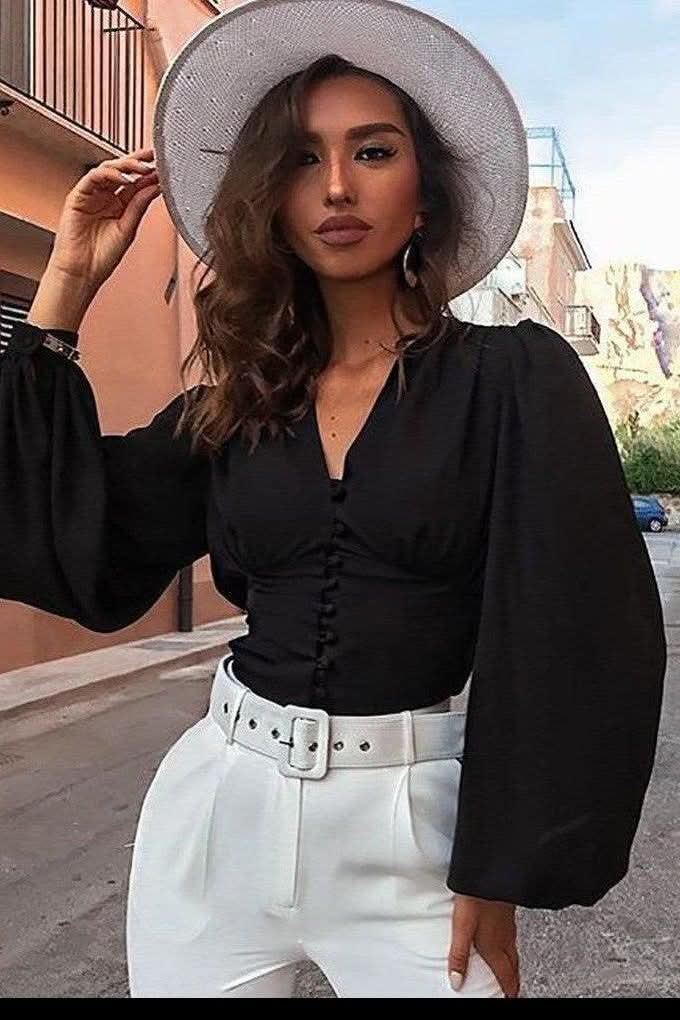 V-neck button puff sleeve slim long-sleeved T-shirt - Front View