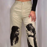 Love portrait print casual straight pants