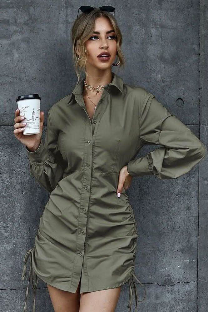 Shirt dress V-neck side pleated lace-up dress - Image 7