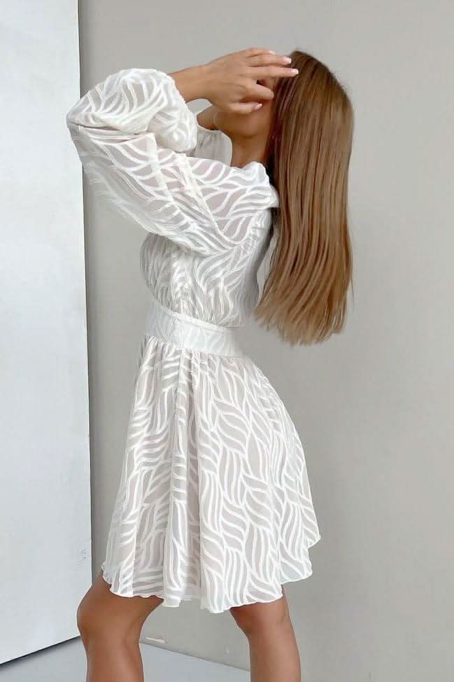 White Hollow Jacquard Lantern Sleeve Dress - Detail