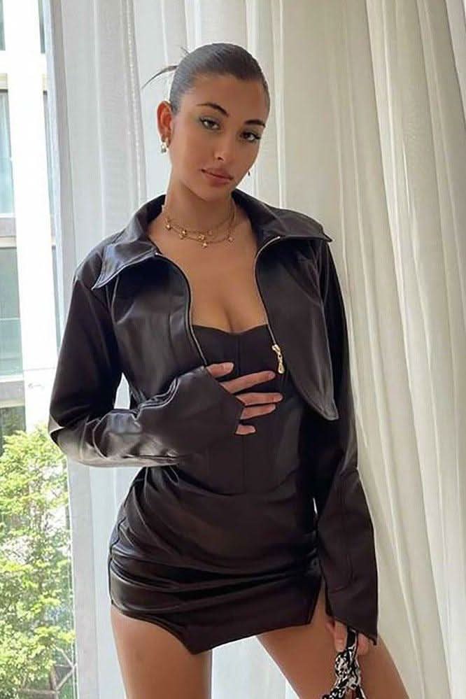 Style PU leather windbreaker lapel short dress & jacket - Side View