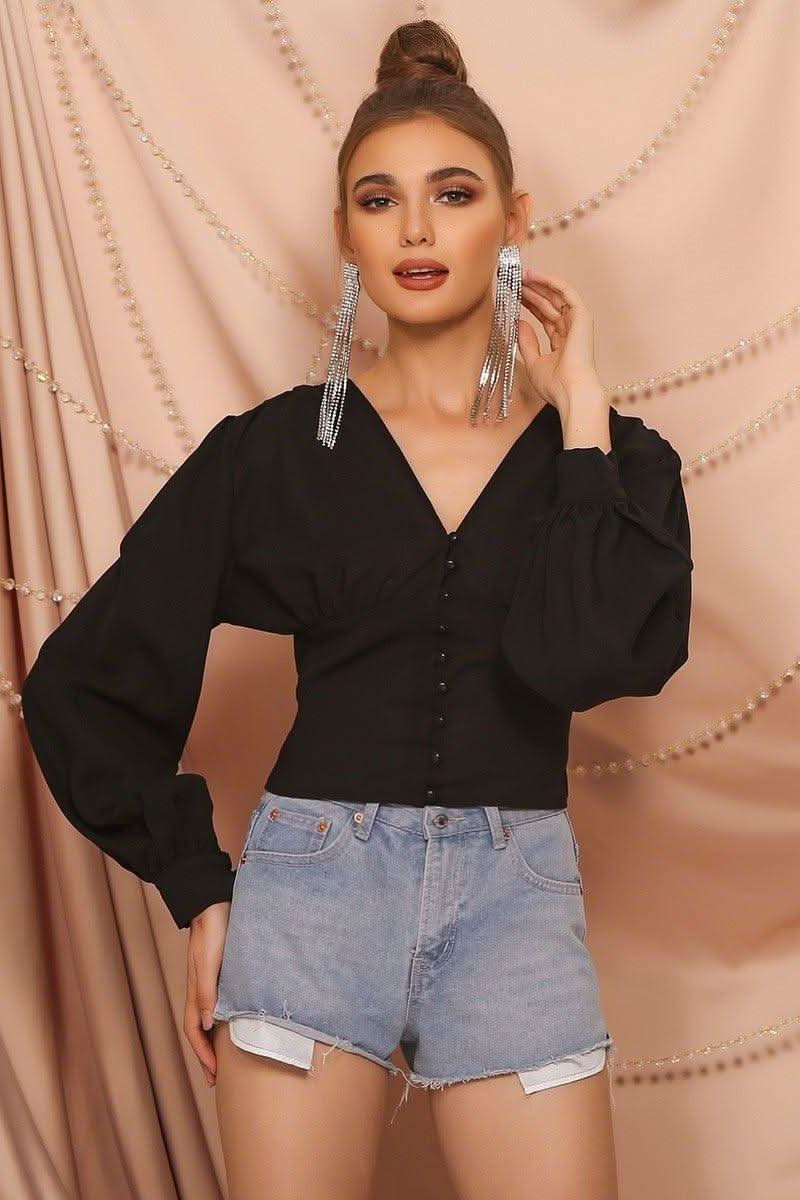 V-neck button puff sleeve slim long-sleeved T-shirt - Detail