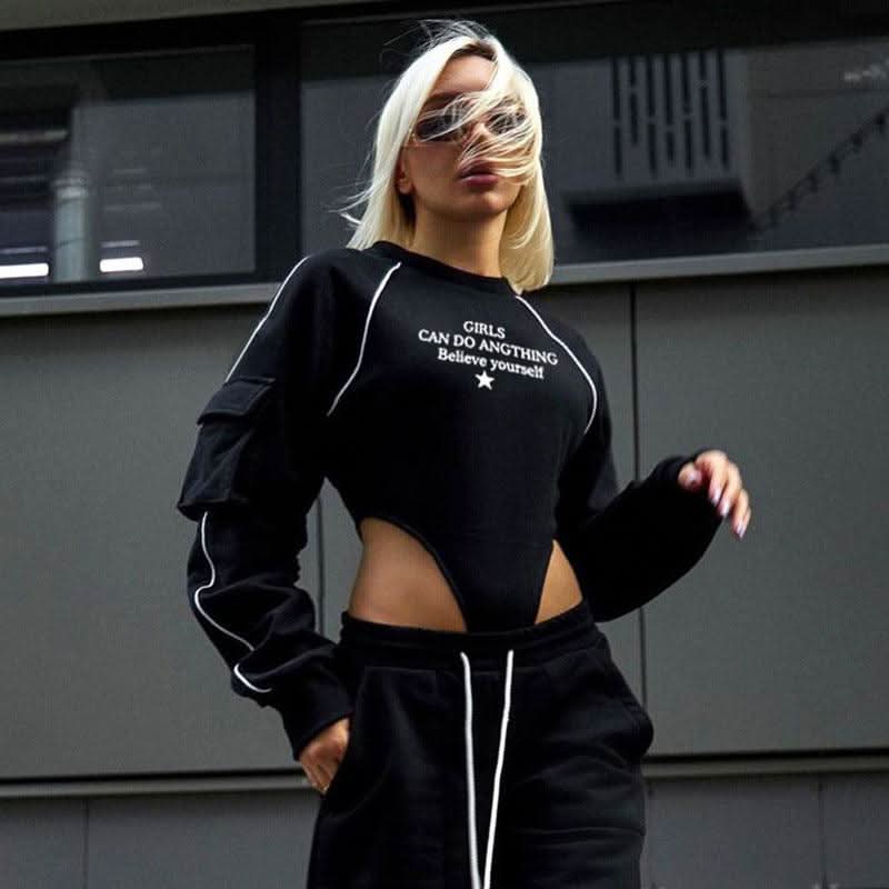 Black Bodysuit with sleeve pocket and raglan print - Front View