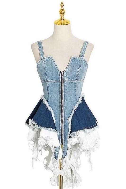 Lotus leaf stitching slim blue denim dress - Image 5