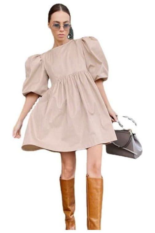 Loose puff sleeves cotton dress - Side View