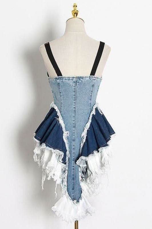 Lotus leaf stitching slim blue denim dress - Detail