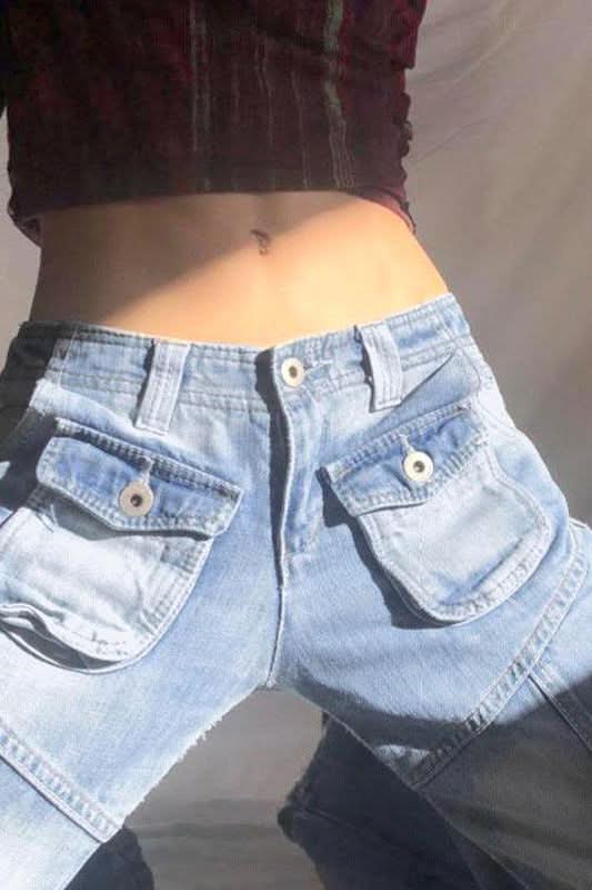 American washed multi-pocket jeans pants - Side View