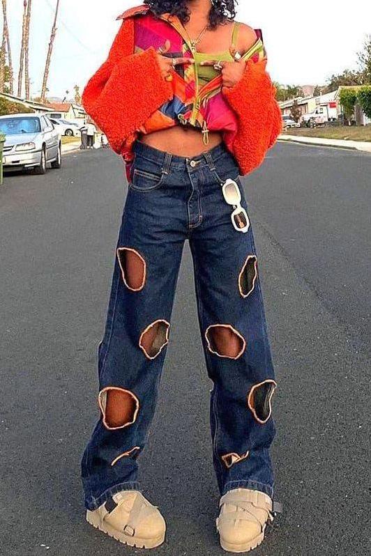 Casual Low Waist Bag Hip Hole Straight Jeans