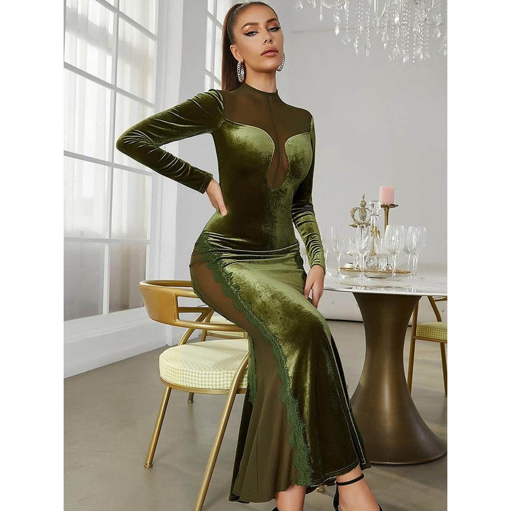 Velvet splicing mesh slim long-sleeved dress - Image 6