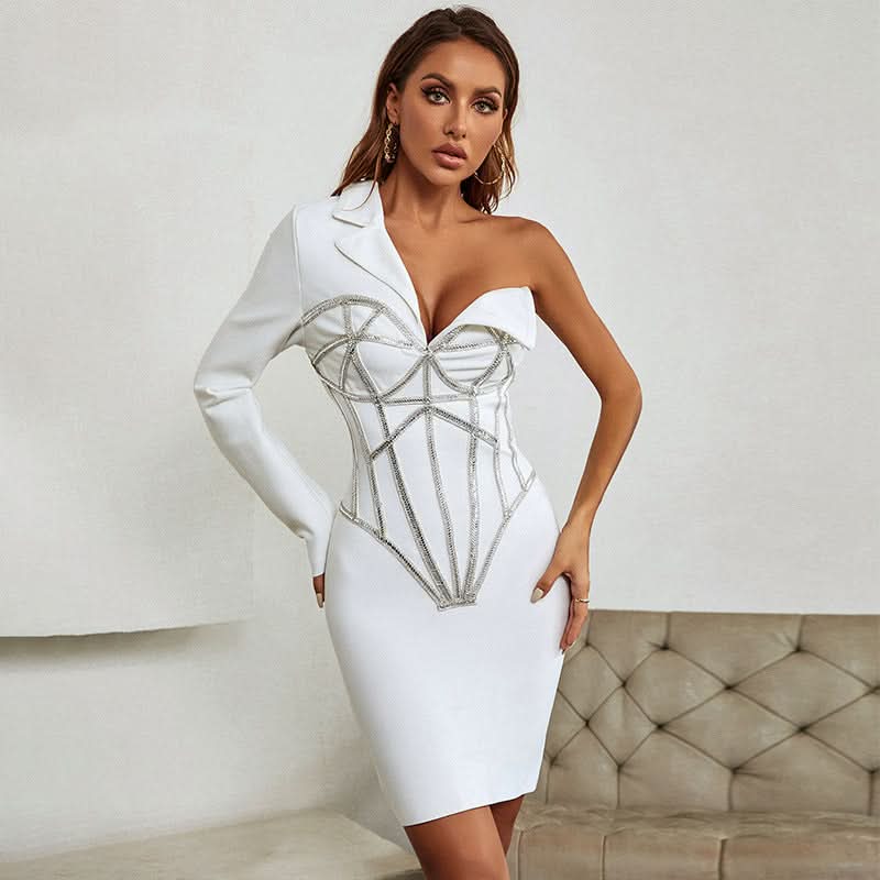 One-shoulder diamond-encrusted party dress - Front View