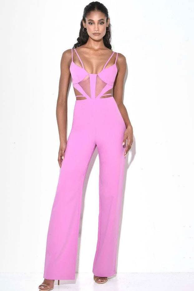Pink slim straight long jumpsuit - Side View