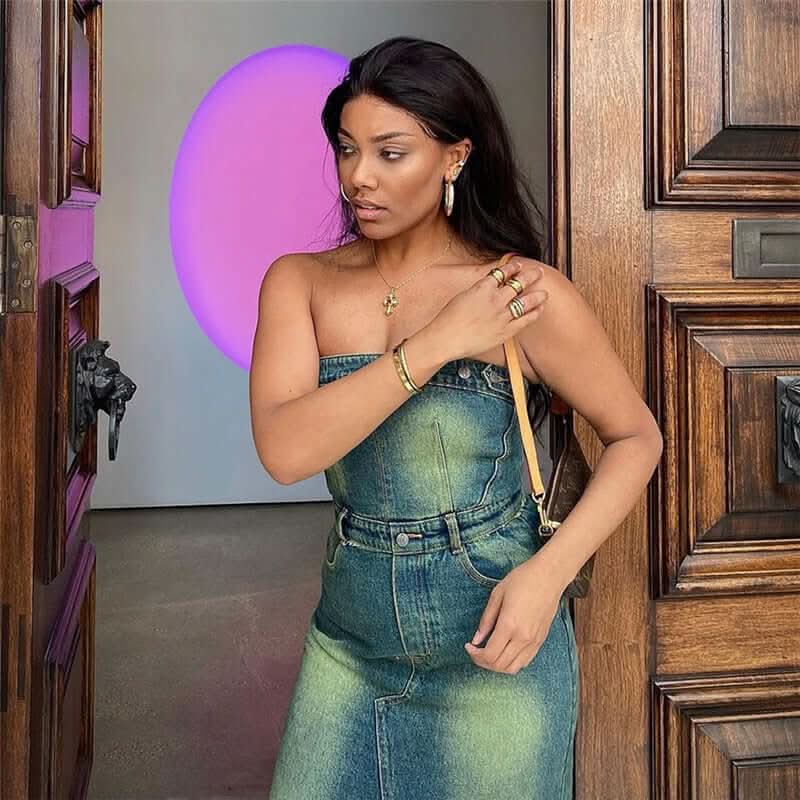American slim fit navel strap denim tube two piece dress - Image 4