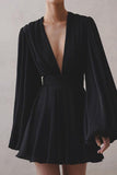 Puff sleeve V-neck short black dress