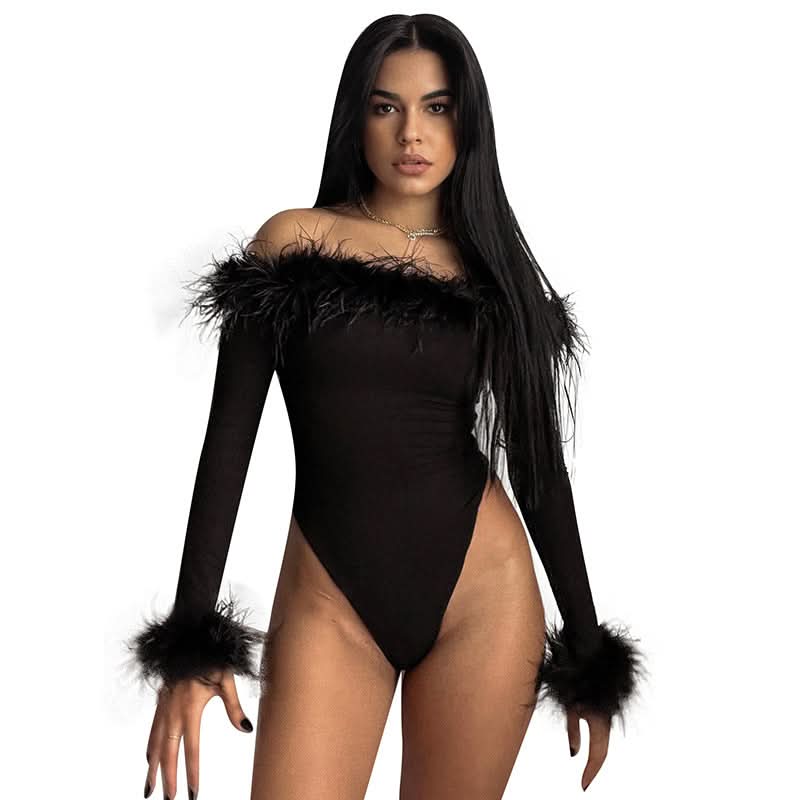 Slim Hairy One-shoulder Long-sleeved bodysuit - Image 4