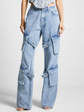 Retro multi-pocket design strap jeans
