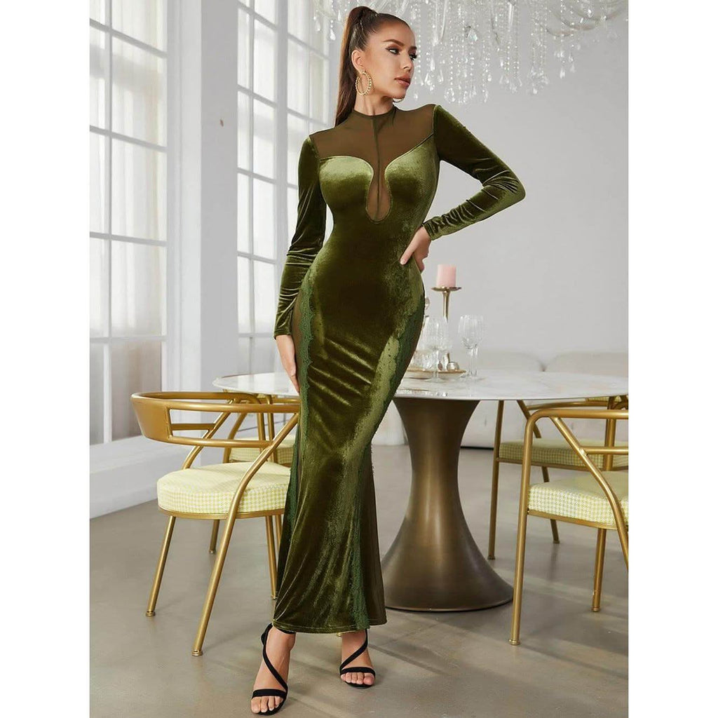 Velvet splicing mesh slim long-sleeved dress - Front View