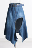 High waist stitching irregular denim skirt.