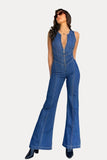 retro style high waist washed denim jumpsuit