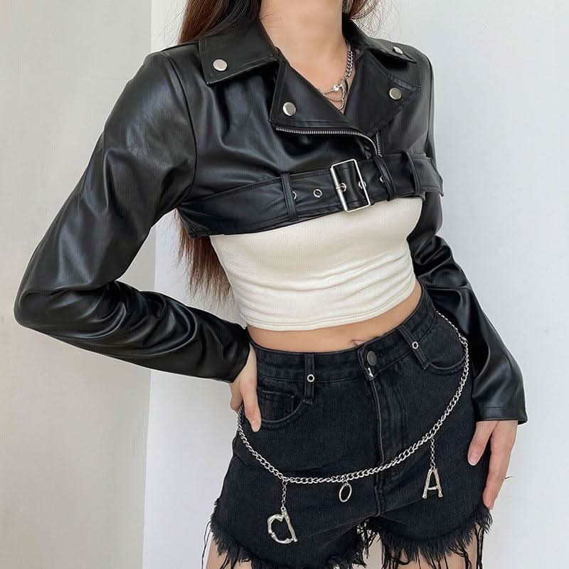 Ultra Short motorcycle style PU leather jacket - Side View