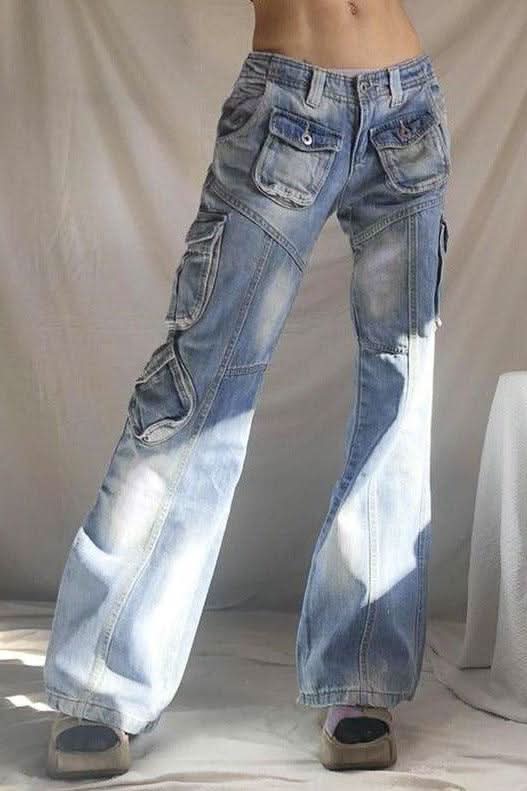 American washed multi-pocket jeans pants - Front View