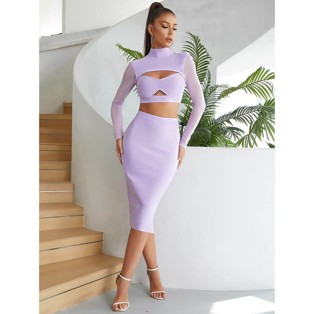 Hollow mesh long-sleeved slim skirt Dress - Detail