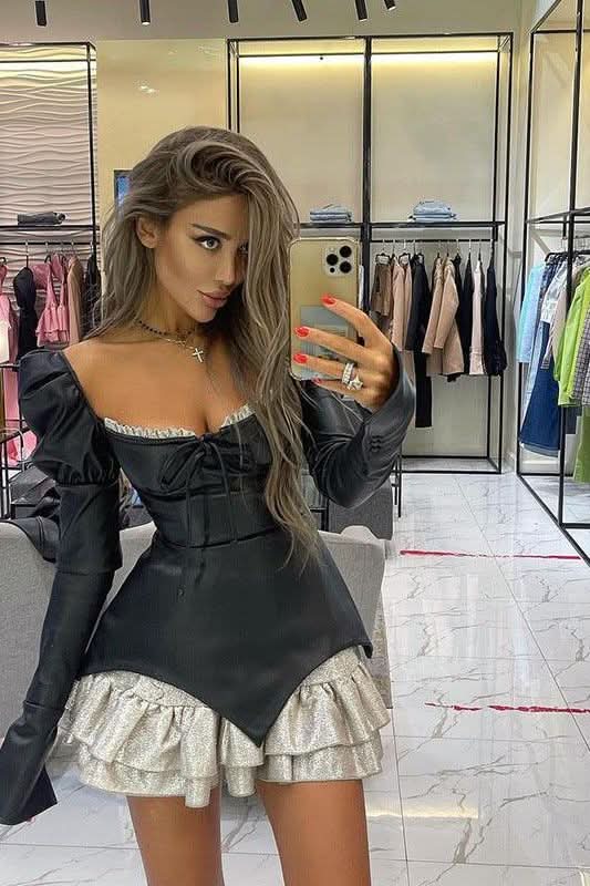 Low-cut lace-up ruffle black leather dress - Image 4