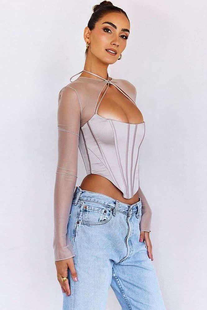 Mesh stitching satin hollow top - Detail