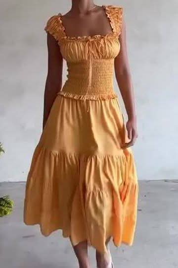 French yellow pleated U-neck dress - Front View