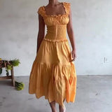 French yellow pleated U-neck dress