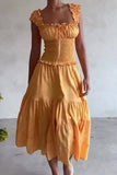 French yellow pleated U-neck dress