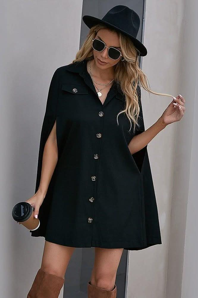 V-neck bat sleeves single-breasted dress - Side View
